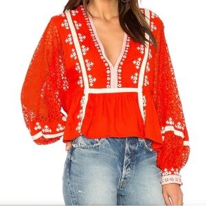 Free People Boogie All Night Orange Red Top Size Large Lace Sleeves Boho Chic